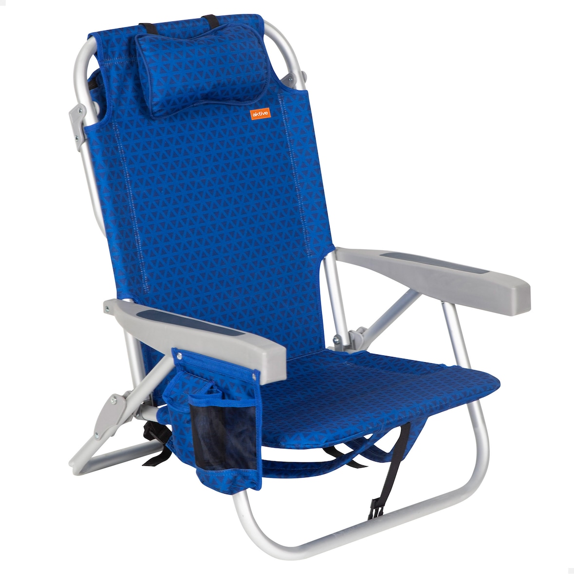Silla playa baja XL multiposición 55x60x80 cm azul con cojín, bolsillo y nevera