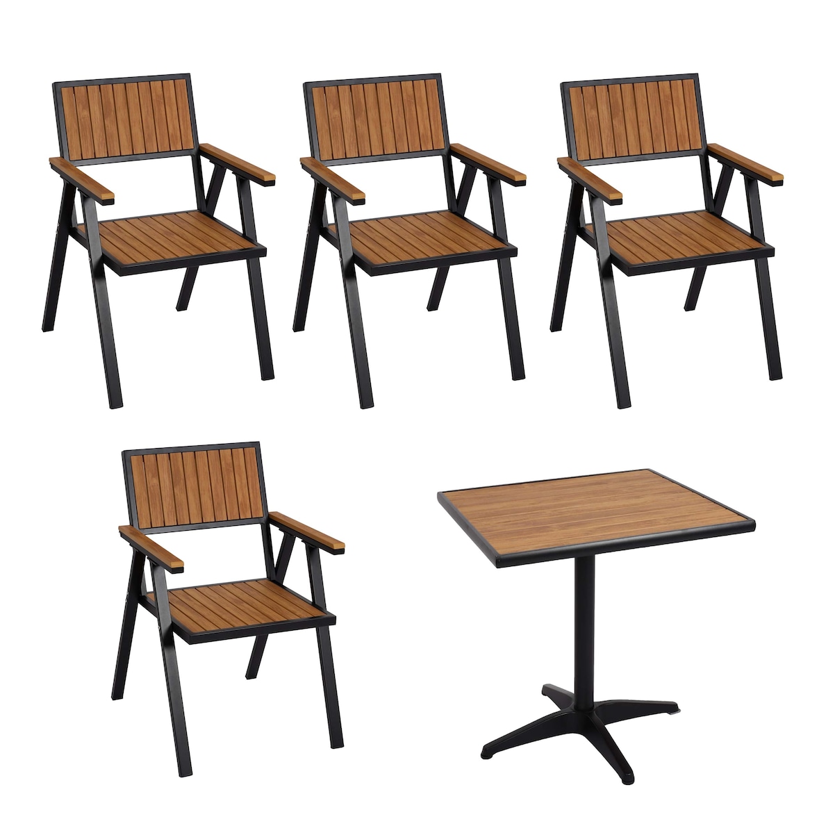 Set van 4 tuinstoelen + tuintafel HWC-J95, stoel tafel, gastro outdoor coating, aluminium polywood ~ zwart, teak