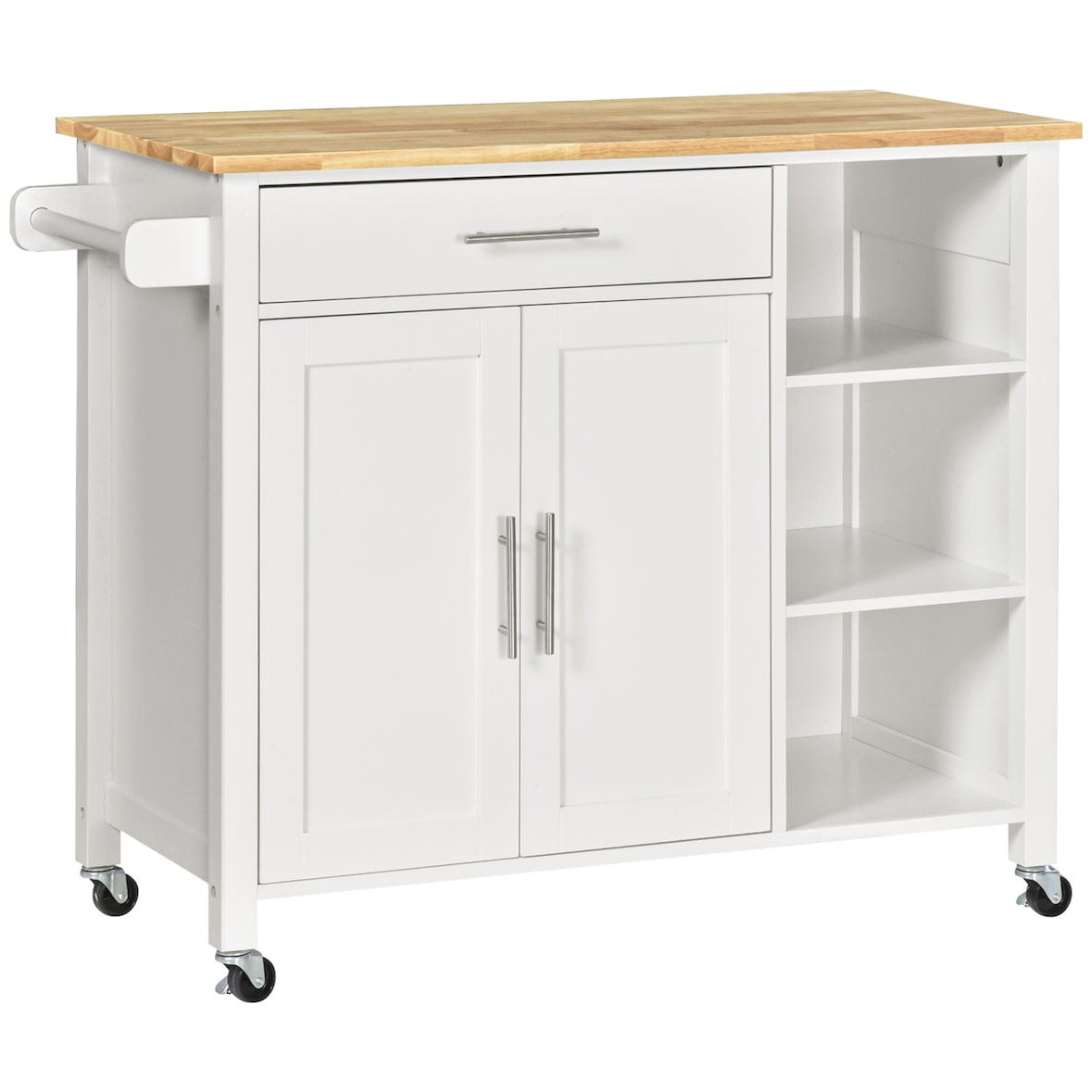 HOMCOM isla de cocina con ruedas mueble auxiliar de cocina con 1 cajón 2 puertas 3 estantes abiertos y barra lateral para comedor 107,5x48x89cm blanco