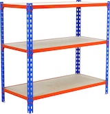 thumbnail of SimonRack Estantería Metálica, 1000x1100x500 mm, 3 Alturas, Bandeja Madera, 200 kg de Punto Flexión, Azul/Naranja/Madera - Maderclick