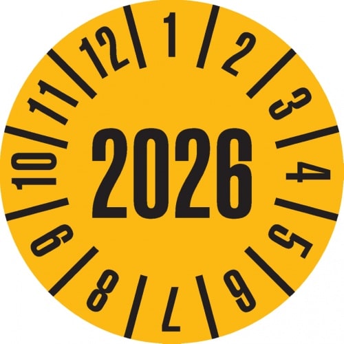 Dreifke® Prüfplakette 2026, gelb, Dokumentenfolie, selbstklebend, Ø 35mm, 60 Stk.