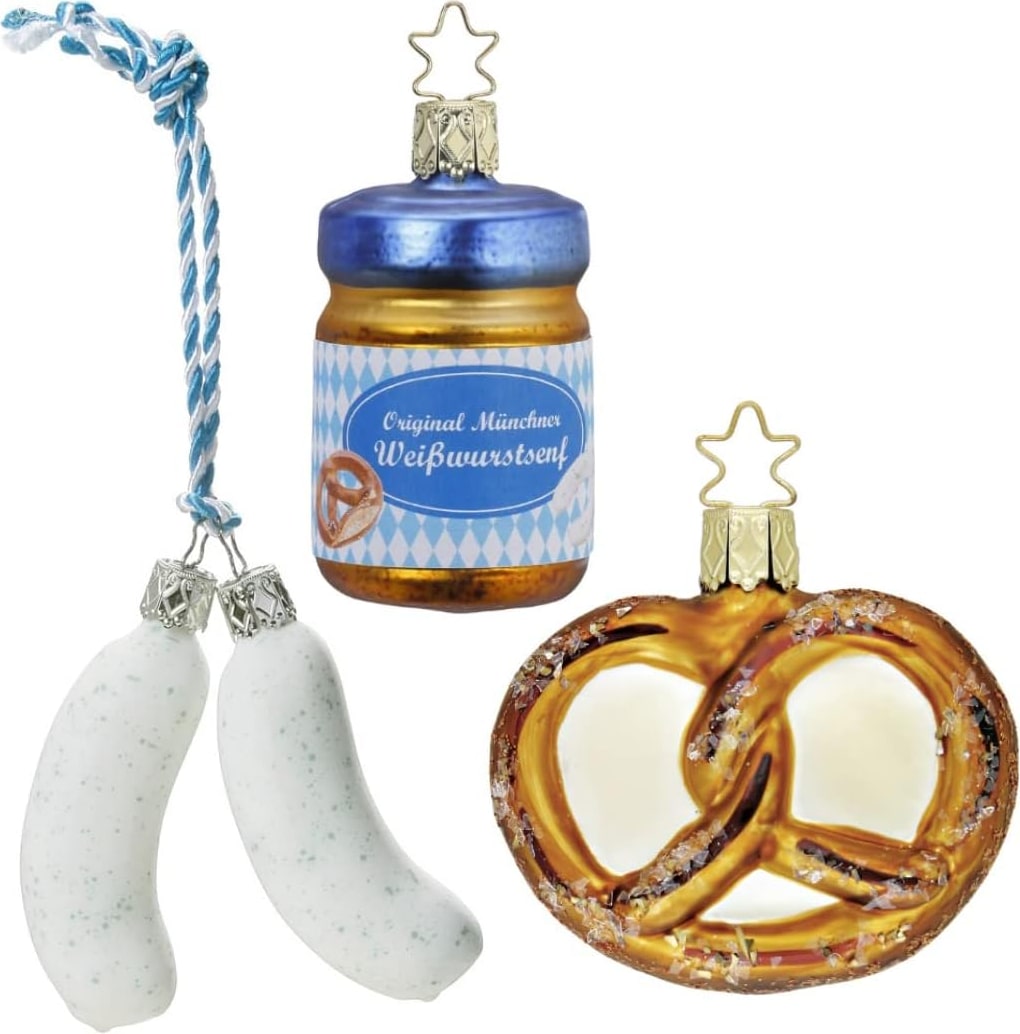 Christbaumschmuck Set Weißwurst, Senf, Brezel Glas 7,5 cm