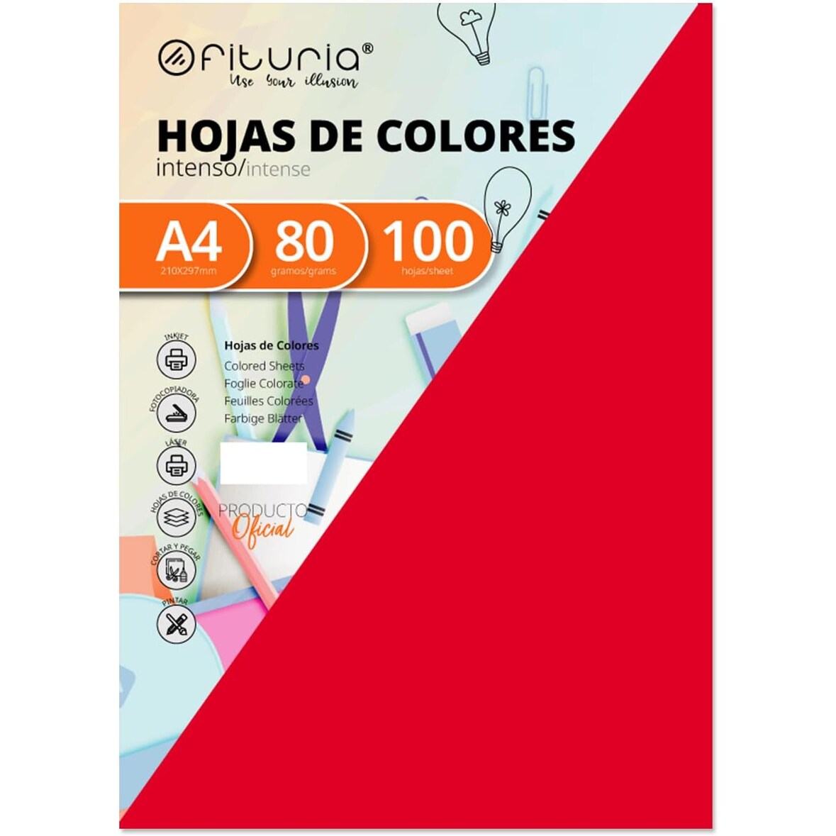 Pack 100 Rojo, Cartulina A4 180g, Colores para Manualidades, Diseños Creativos y Proyectos de Arte · Ofituria