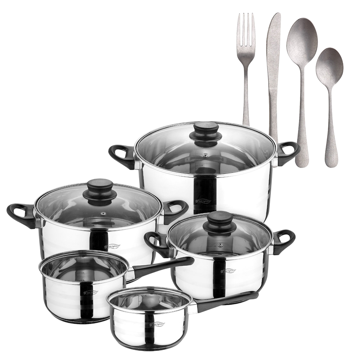 BERGNER - 8-teiliges Edelstahl-Kochgeschirrset (16/18/20/24/28cm), induktionsgeeignet, mit einem 16-teiligen Edelstahl-Besteckset