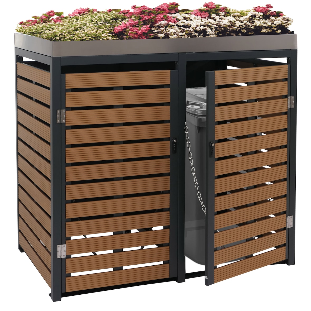 PROREGAL 2er Mülltonnenverkleidung | HxBxT 124x134x84cm | Mülltonnenbox mit Pflanzkasten | Teak-Optik | WPC Edelstahl 79kg