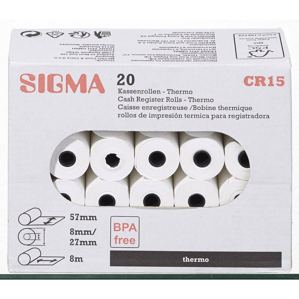 SIGMA Rolos térmicos para caixas registadoras CR15, 57 mm x 8 m, 20 unidades