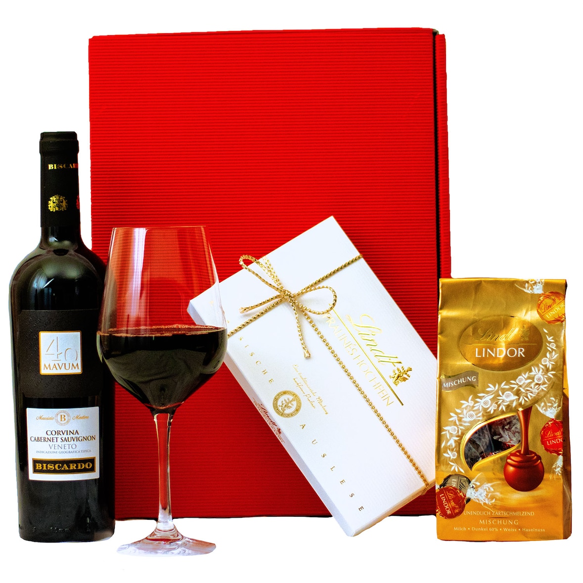 Geschenkset Mailand | Geschenkkorb gefüllt mit Rotwein & Lindt Pralinen