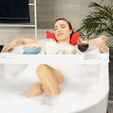 thumbnail of Relaxdays Badewannenablage, ausziehbar, Badewannenbrett aus Bambus, Ablage für Seife, Schwamm, Handy, Weinhalter, weiß