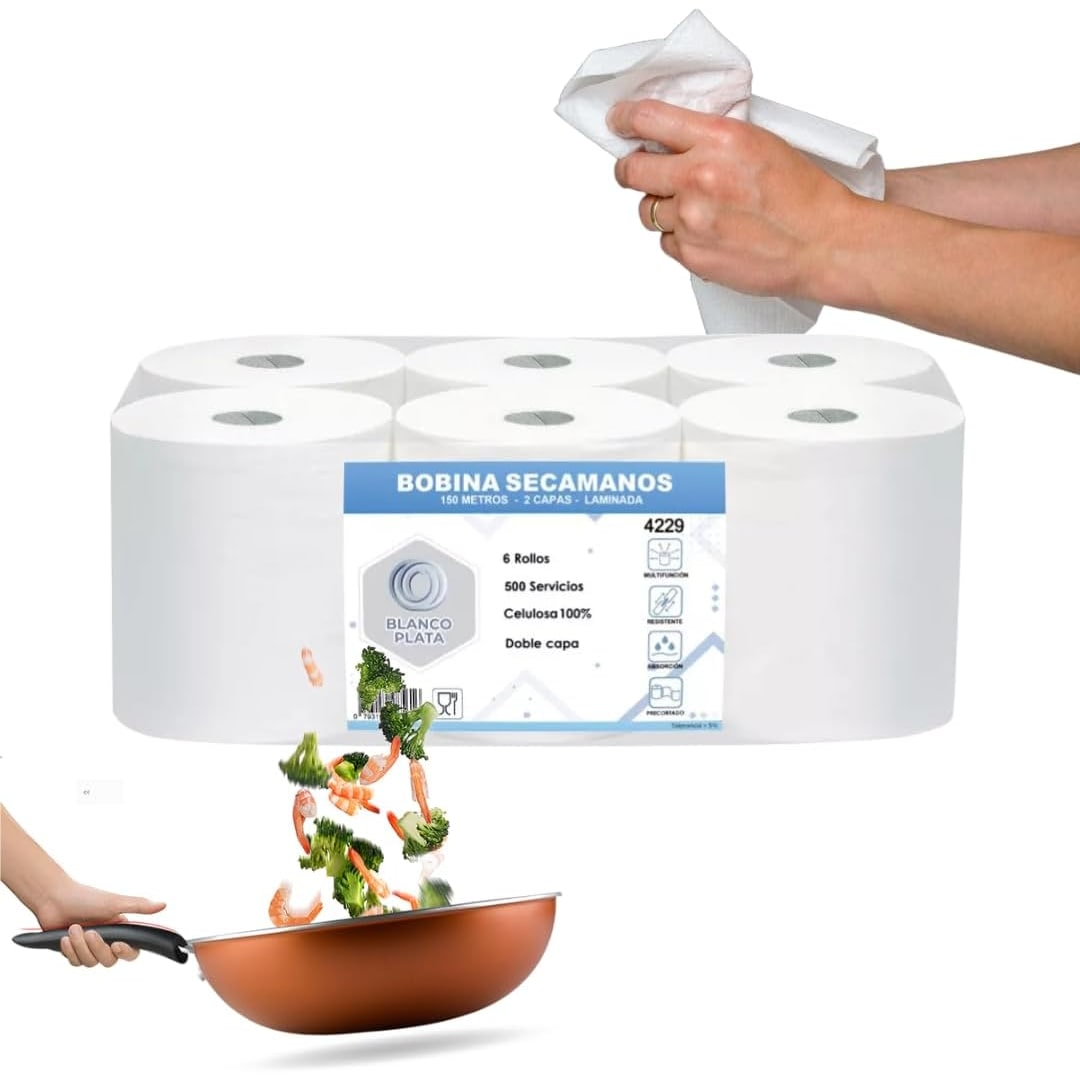 Bobina Papel secamanos mecha laminada 6 rollos de 150m 100% Celulosa Doble Capa