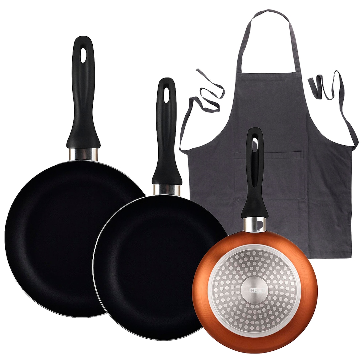 BERGNER - Set aus 3 Pfannen Ø16/20/24cm aus gepresstem Aluminium in metallic-bronze mit Küchenschürze Dunkelgrau 100 % Baumwolle 75x80 cm