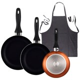 thumbnail of BERGNER - Set aus 3 Pfannen Ø16/20/24cm aus gepresstem Aluminium in metallic-bronze mit Küchenschürze Dunkelgrau 100 % Baumwolle 75x80 cm