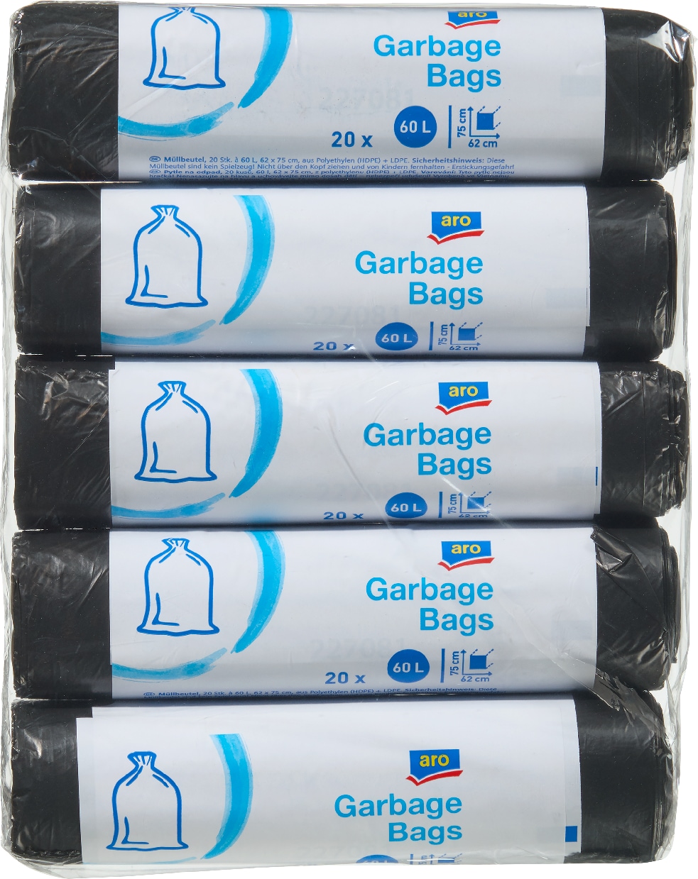 aro Müllsack, 60 x 75 cm, 60 L, schwarz, 5 x 20 Stück, 5 Packungen