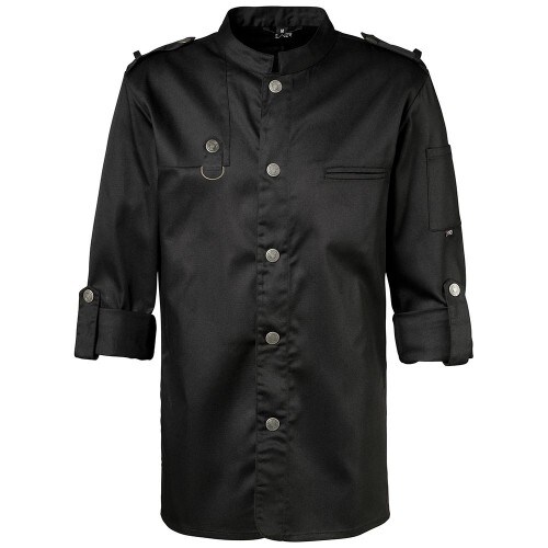 222 - Kochjacke Bikerstyle, Langarm verstellbar, Druckknöpfe : schwarz 65% Polyester 35%Baumwolle 220 g/m² S