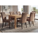 thumbnail of Set van 6 eetkamerstoelen Chesterfield II, stoel keukenstoel, klinknagels ~ stof/textiel bruin, donkere poten