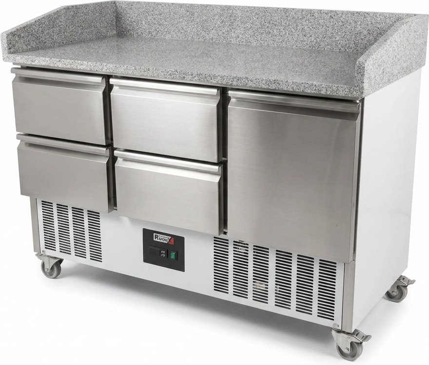 Romux® Pizzatisch 1 Tür und 4 Schubladen 140x70 cm mit Arbeitsfläche aus Granit mit Umluftkühlung | Pizzakühltisch aus Edelstahl