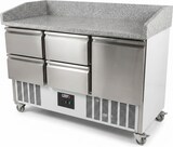 thumbnail of Romux® Pizzatisch 1 Tür und 4 Schubladen 140x70 cm mit Arbeitsfläche aus Granit mit Umluftkühlung | Pizzakühltisch aus Edelstahl