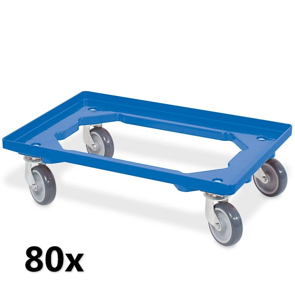 80x Transportroller für 600 x 400 mm Eurobehälter, blau, 4 Lenkrollen, graue Gummiräder