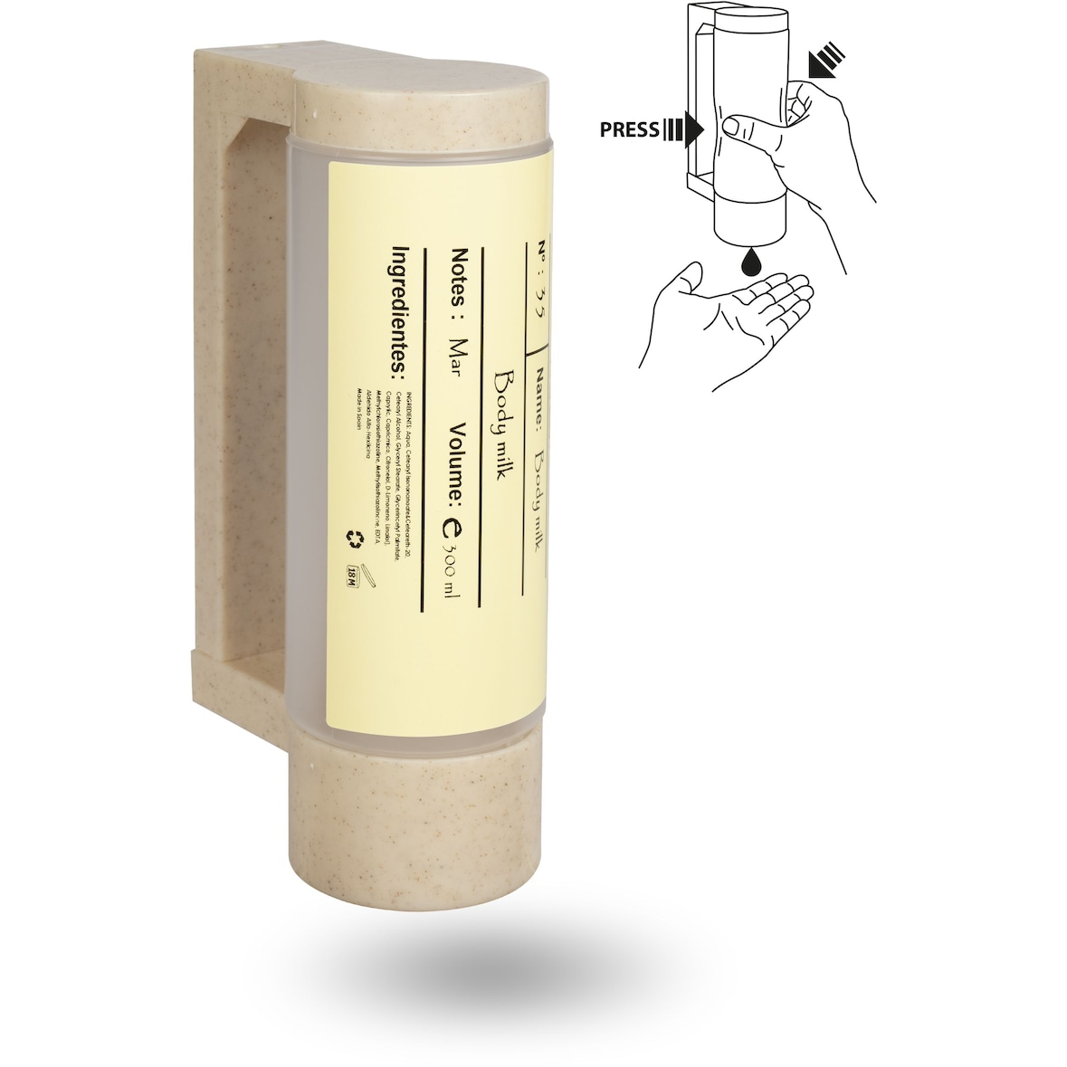 Soporte con botella dispensadora vacía de 400 ml BIO - Antirrobo (Para body milk)