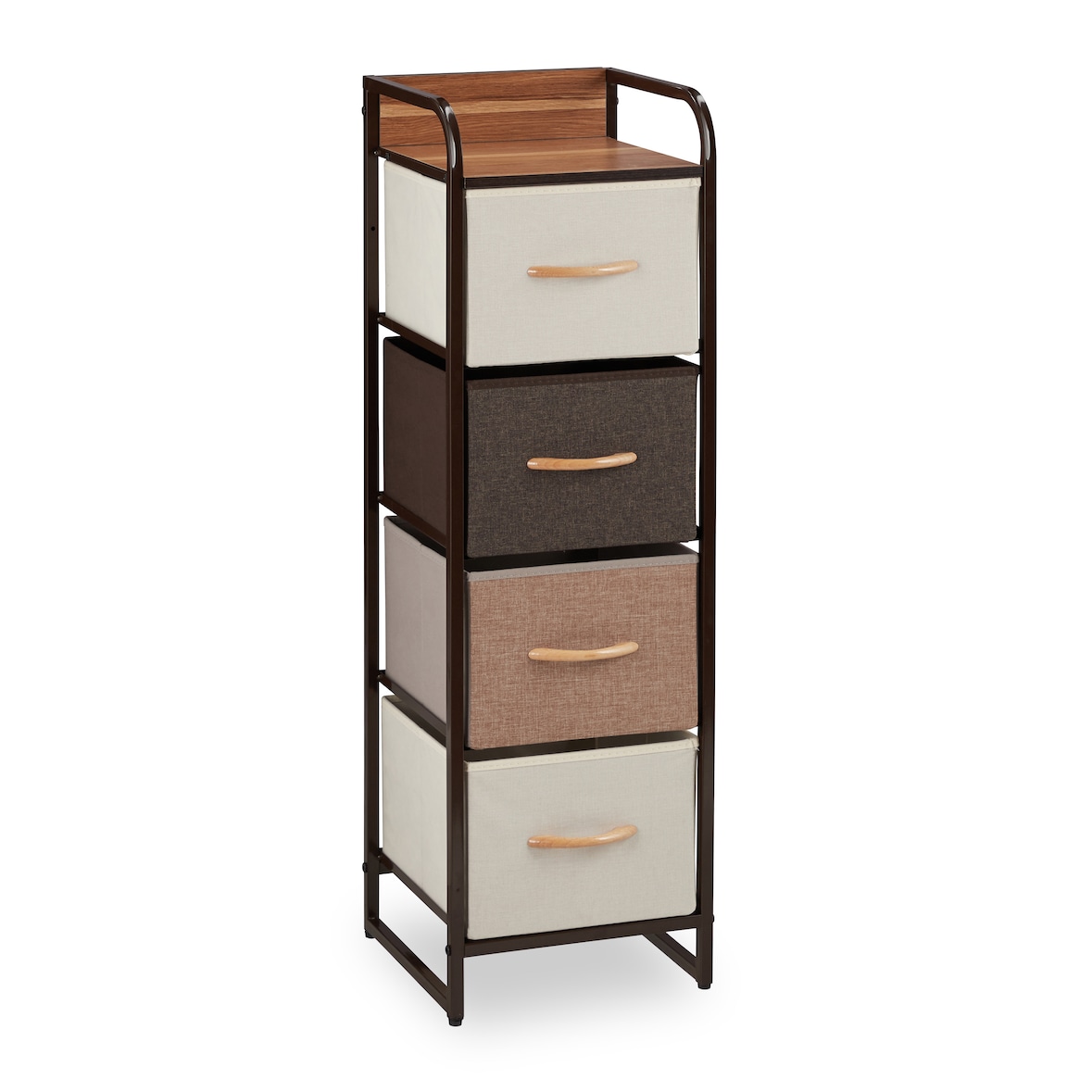 Relaxdays Schubladenschrank, 4 Stoff Fächer, schmal, mit Griffen, Ablage, Nischenschrank HBT 99,5 x 31 x 31,5 cm, braun