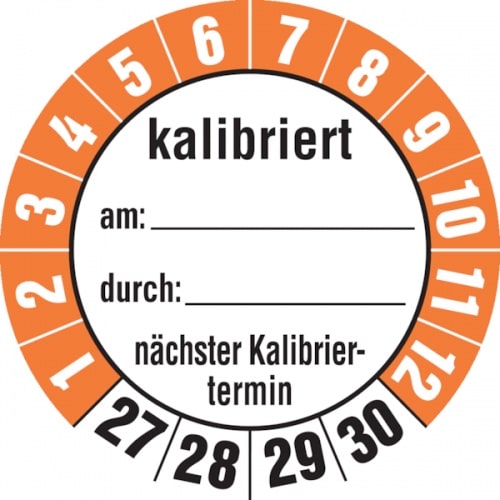 Prüfplakette ab 27, kalibriert nächster Kalibriertermin, Folie, Ø 35 mm - Bogen = 10 Plaketten - 35 mm Folie selbstklebend