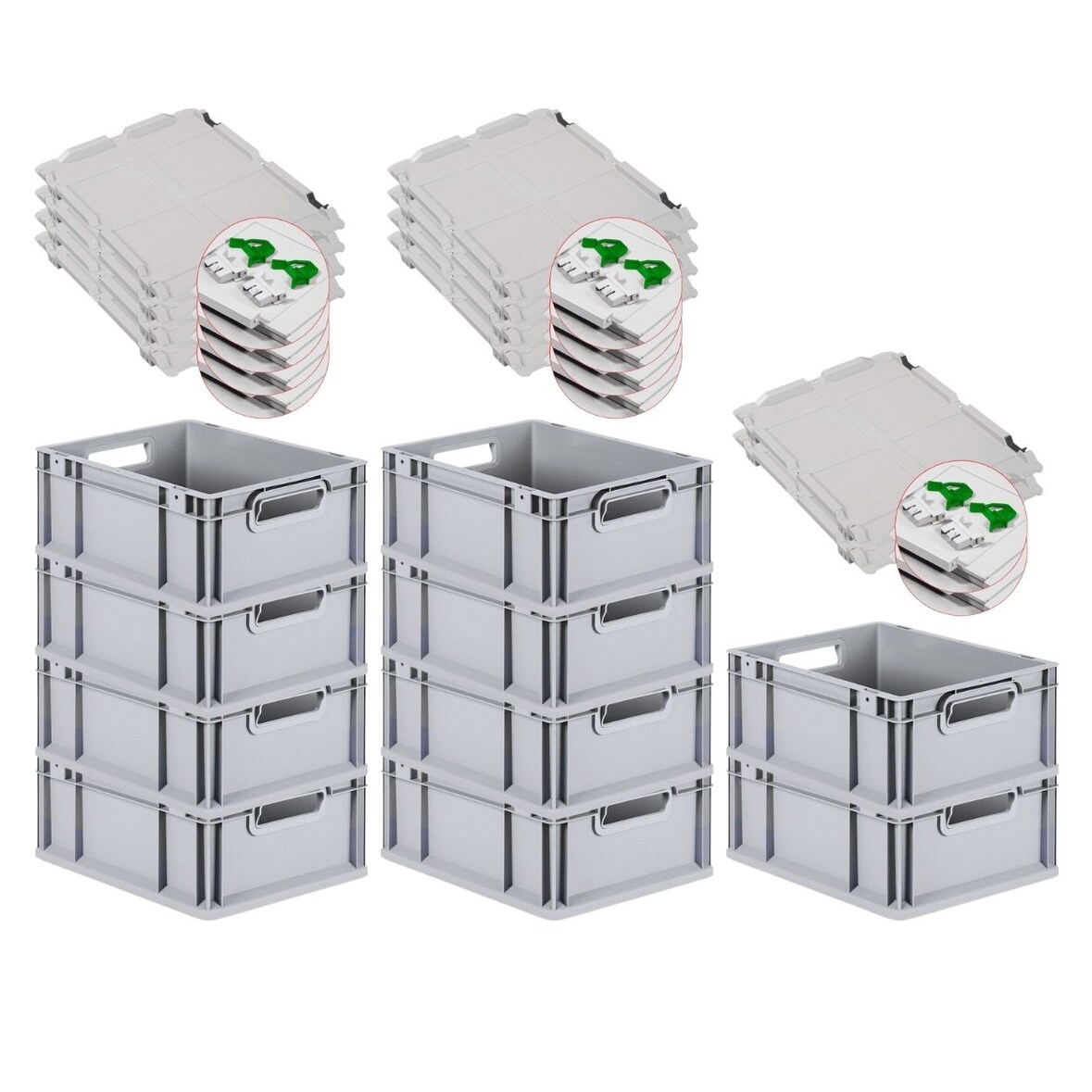 PROREGAL 10x Eurobox NextGen Grip mit Scharnierdeckel & grünen Verschlüssen | HxBxT 17x30x40cm | 16 Liter | Griffe offen | Glatter Boden