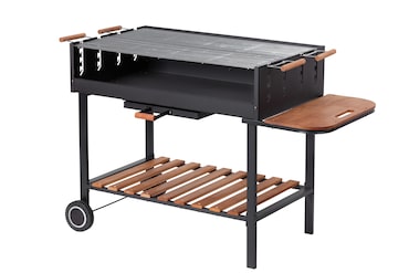 Tarrington House Houtskoolbarbecue Bratislava, staal/pinehout, 143 x 68 x 90 cm, met 2 wielen, zijplank, in hoogte verstelbare roosters, zwart