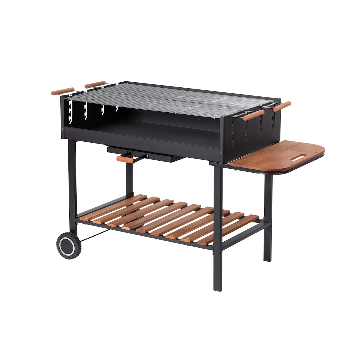 Tarrington House Grelhador a carvão Bratislava, aço/cmadeira de pinho, 143 x 68 x 90 cm, 2 rodas, prateleira lateral, grelhas reguláveis, preto