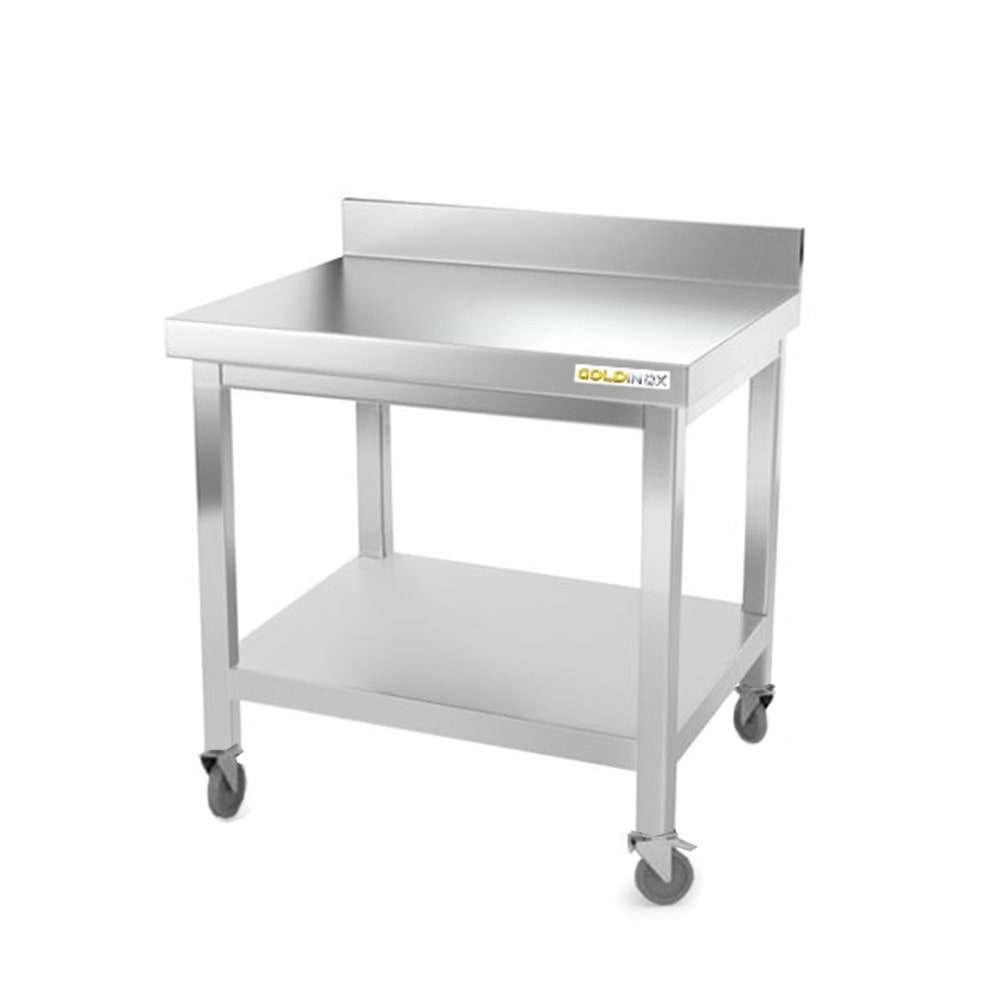 Arbeitstisch aus Edelstahl mit Unterbau 600 x 700 mm auf PREMIUM-Rollen. GOLDINOX
