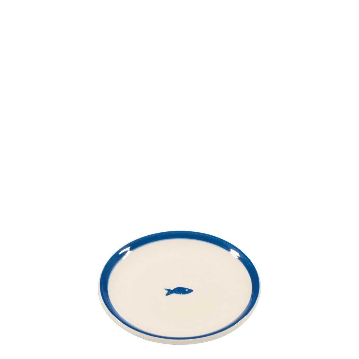 Juego de 6 platos Zafferano de la colección Lido, con decoraciones de peces azules, fina cerámica artesanal italiana para una mesa elegante y moderna.