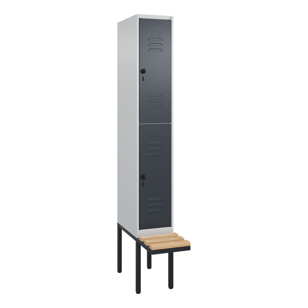 C+P Spind Classic PLUS, Buche schwebende Sitzbank, 2 Abteile, HxBxT 212x30x82cm, Sicherheitsdrehriegel, Hellgrau/Anthrazit von PROREGAL