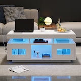 thumbnail of Moderner Couchtisch Weiß mit LED-Beleuchtung, USB-Anschluss, Stauraum, Rebound-Schranktüren, Halboffene Fächer, Kompakt 100x50x43 cm