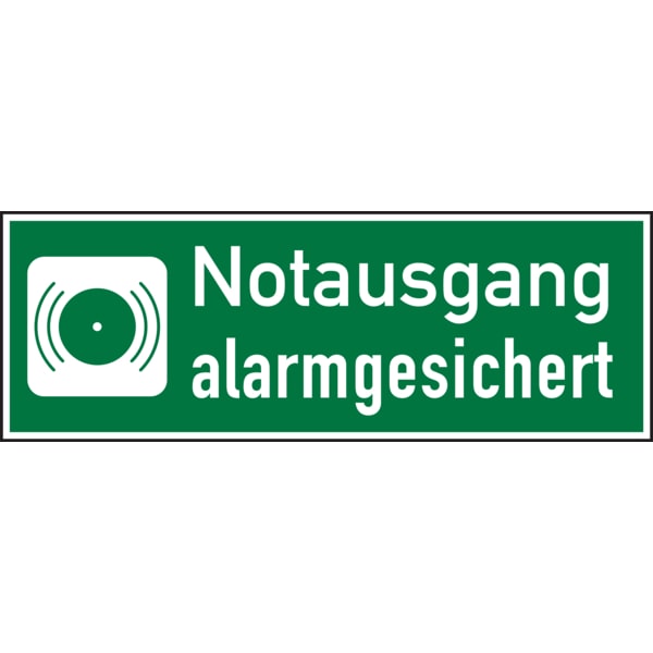 Rettungszeichen, Notausgang alarmgesichert - 300x105 mm Folie selbstklebend, nachleuchtend