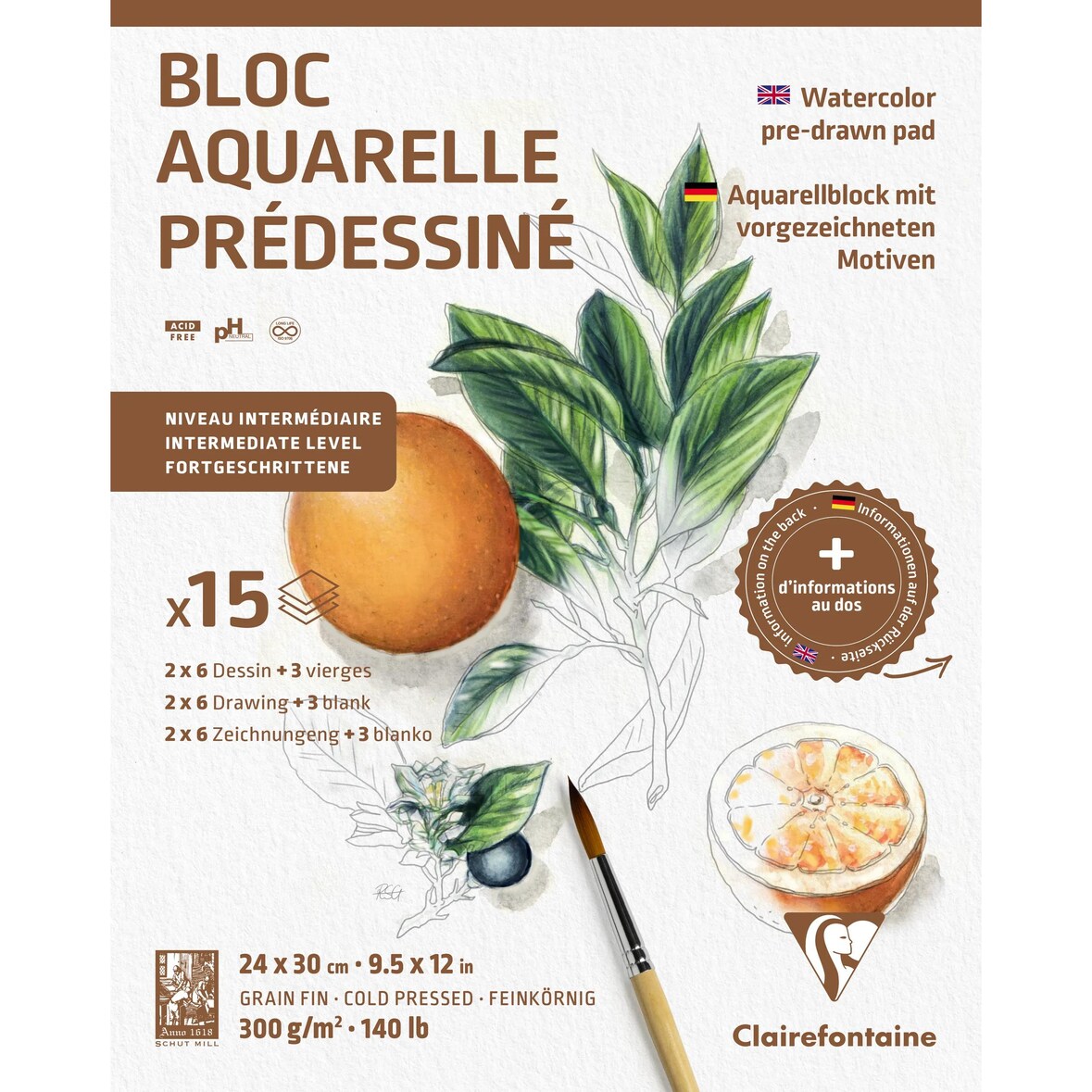 Clairefontaine 5x Aquarellblock 24x30 cm mit vorgezeichneten Motiven, 15 Blatt 300g, Motiv Botanik - 975726C
