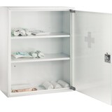 thumbnail of Erste-Hilfe-Verbandsschrank aus Stahl, weiß lackiert, Glastür, 2 Schlüssel, 2 Einlegeböden, 450 x 360 x 150 mm