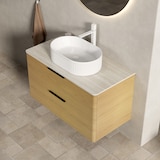 thumbnail of Schwebender Badezimmer-Waschtisch 62×90×46 cm mit ovalem Waschbecken aus Keramik und Travertin-Sintersteinplatte in Beige+Eiche+Weiß