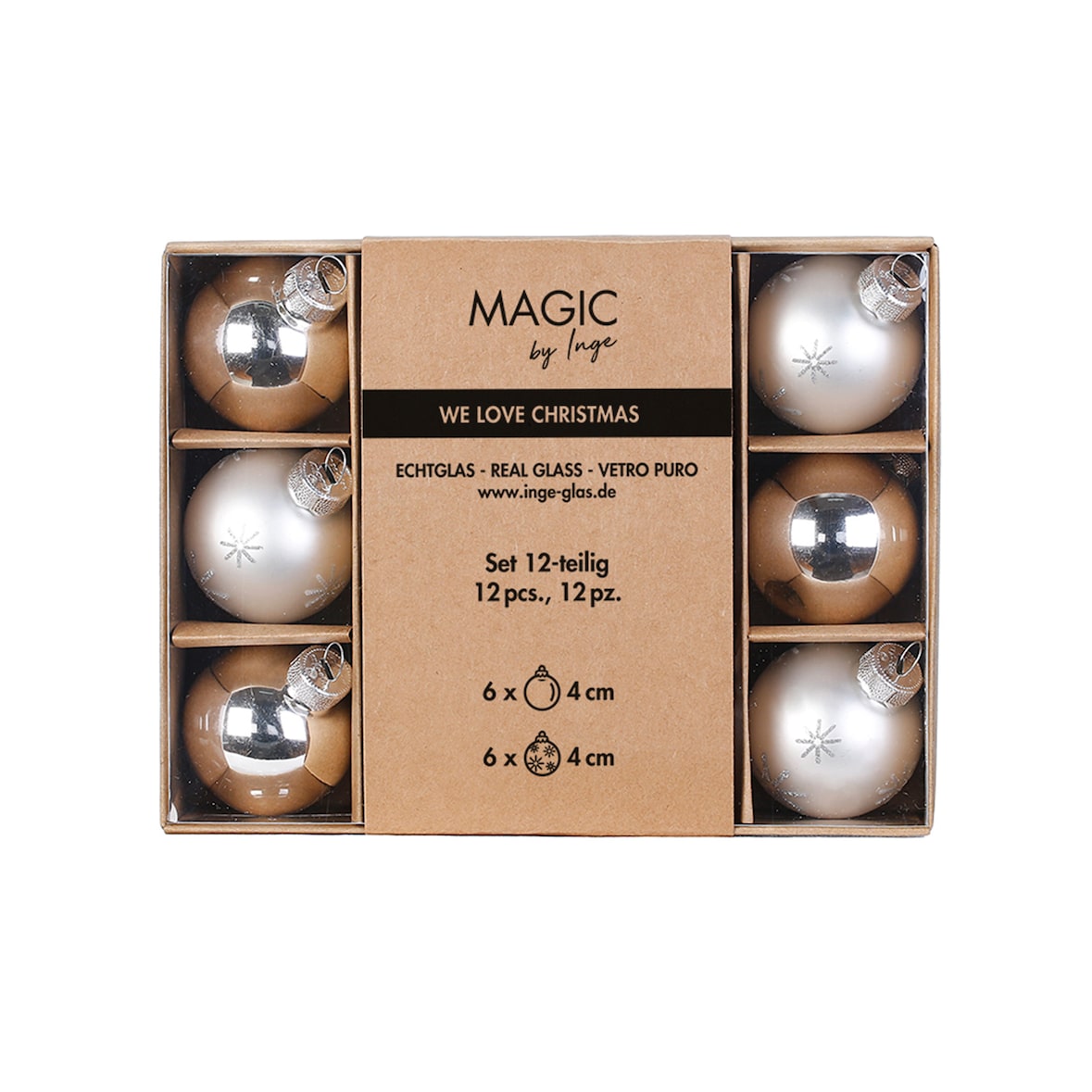 12 Weihnachtskugeln Glas 4cm Glitzer mit Motiv Christbaumkugeln Weihnachtsbaumkugeln Christbaumschmuck Weihnachtsbaumschmuck Matt Glanz Silber