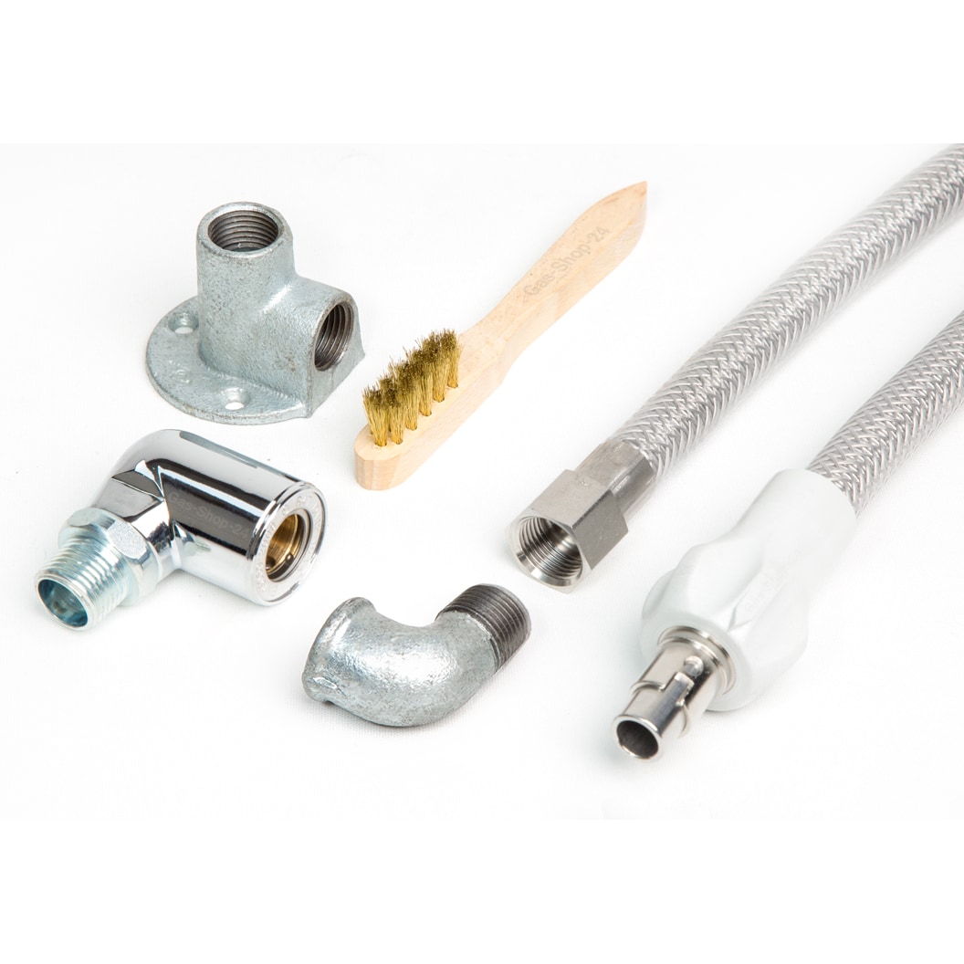 1,5 m Edelstahlschlauch / Edelstahl Gasschlauch + Gassteckdose + Anschlusszubehör (geeignet für Flüssig- / Erdgas) - f. Gasherd, Gaskocher