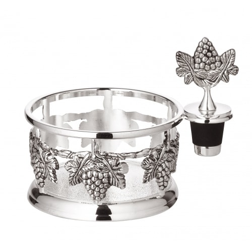 Flaschenuntersetzer Trauben, mit Flaschenverschluss, edel versilbert, Durchmesser 9 cm, Höhe 10 cm