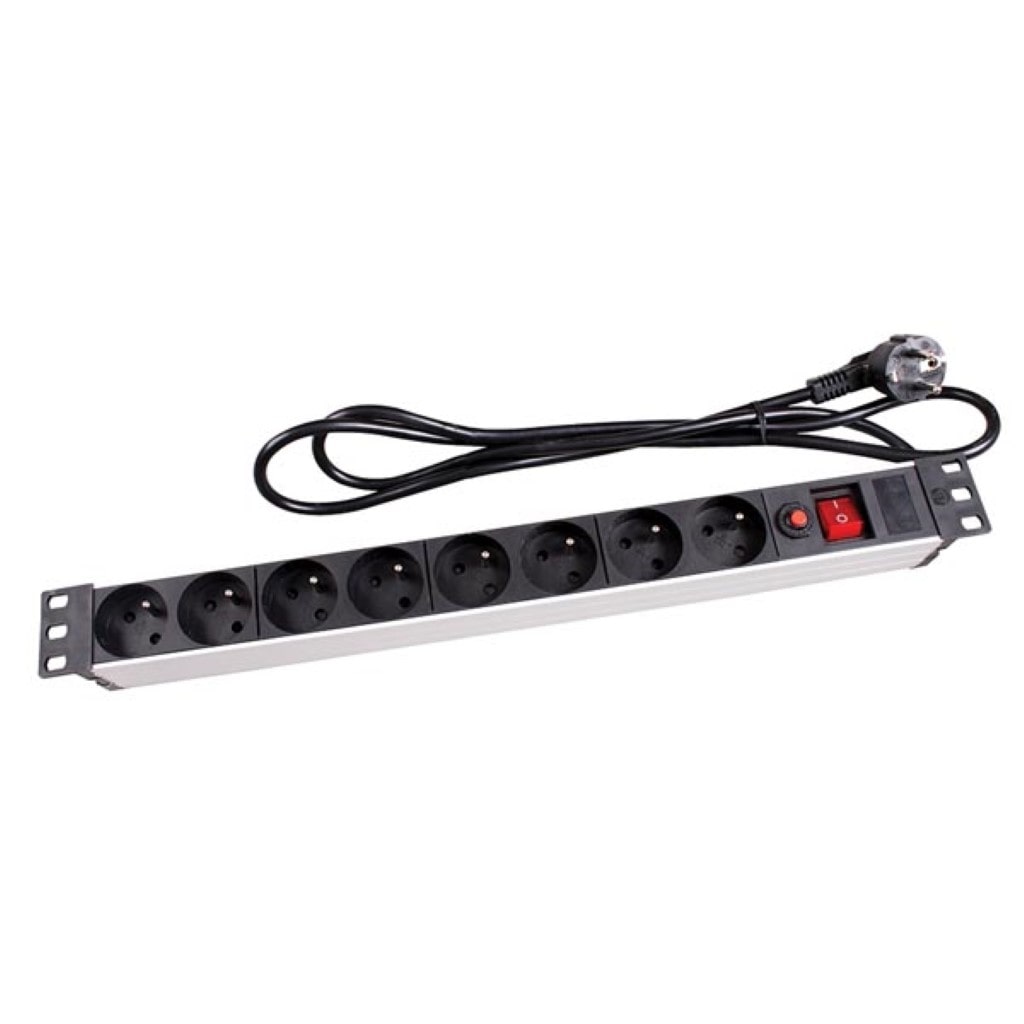 Bloc multiprise PDU avec interrupteur et protection contre les surcharges, 8 prises type E, 2,15 m, 3G1.5, pour intérieur, noir/gris, rack 19 pouces
