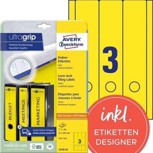 AVERY Zweckform ultragrip Ordneretiketten L4755-20 Selbsthaftend DIN A4 Gelb 6,1 x 29,7 cm 20 Blatt à 3 Etiketten