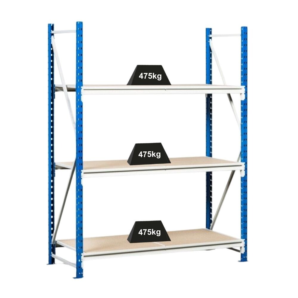 PROREGAL Weitspannregal MAXIMUS | Grundregal | HxBxT 200x150x50cm | 3 Ebenen | Spanplatten-Fachboden | Fachlast 475kg | Lichtblau/Lichtgrau