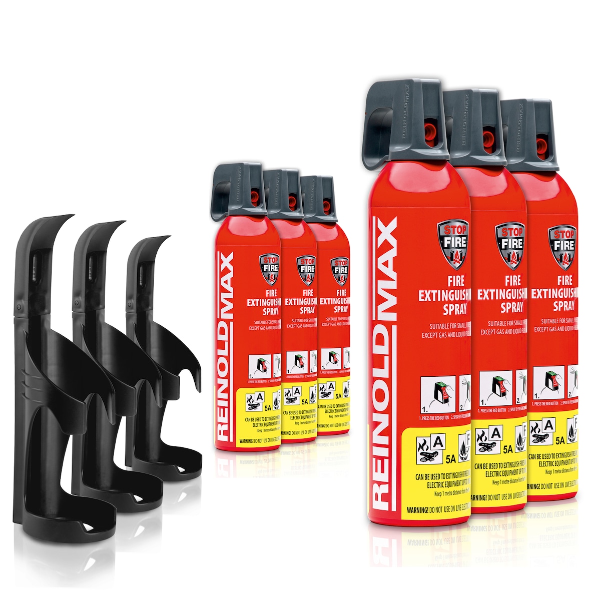 XENOTEC Premium Feuerlöschspray –6 x 750ml – Wandhalter - Stopfire – Autofeuerlöscher – REINOLDMAX – inkl. 3 Wandhalterung schwarz – wiederverwendbar