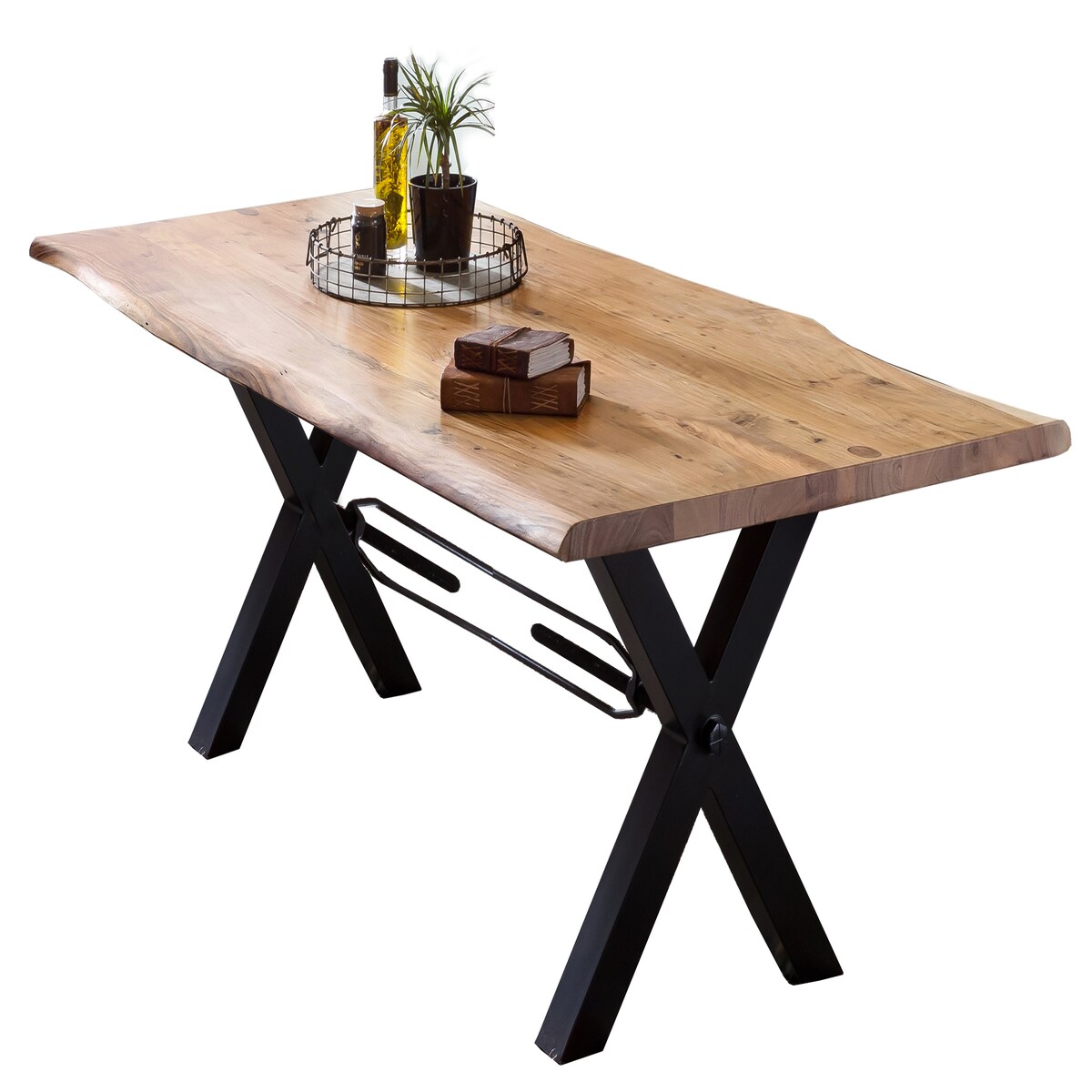 SIT Möbel Esstisch Baumkante | 220 x 100 x 78 cm | Platte 56 mm Akazie natur | X-Metallgestell antikschwarz | 15875-11 | Serie TABLES&CO