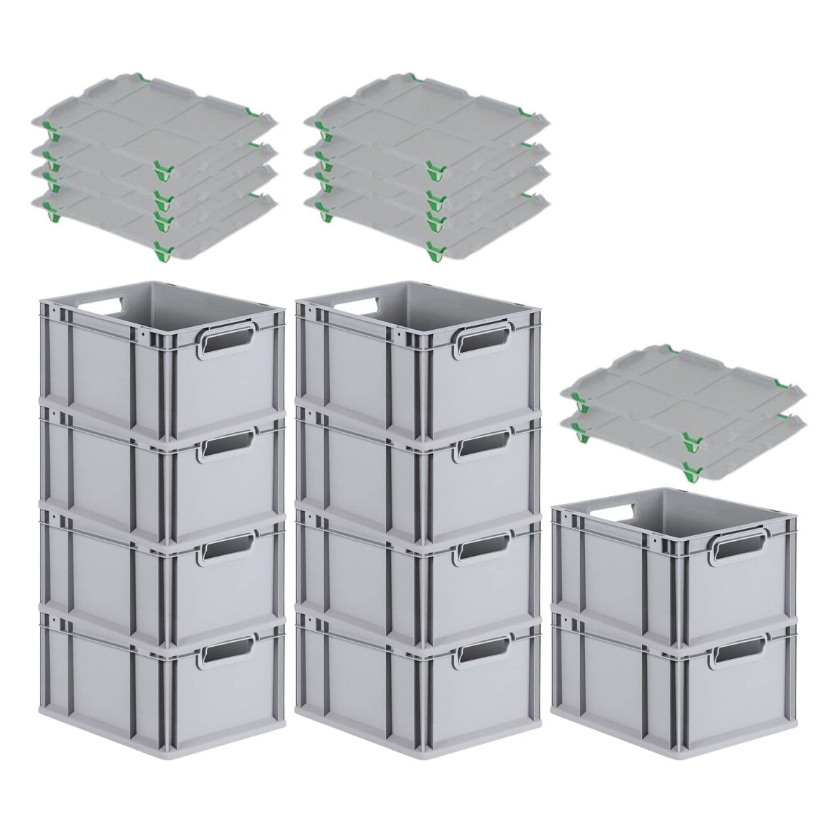 PROREGAL SparSet 10x Eurobox NextGen Grip mit Auflagedeckel & 4 grünen Verschlüssen, HxBxT 22x30x40cm, 20L, Grau, Griffe offen, Eurobehälter