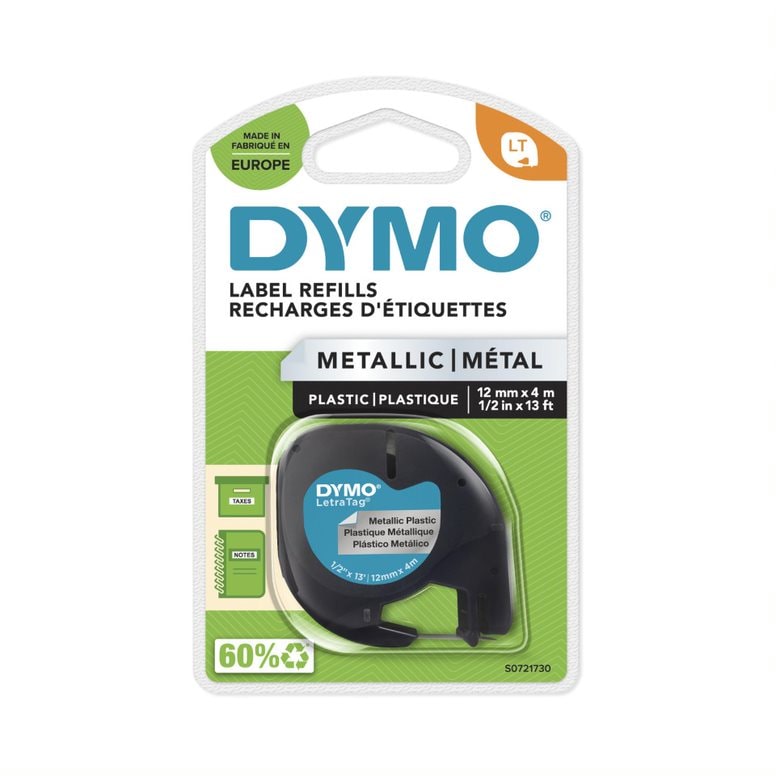 DYMO Ruban LETRATAG Noir/plastique métal argenté 12mmx4m