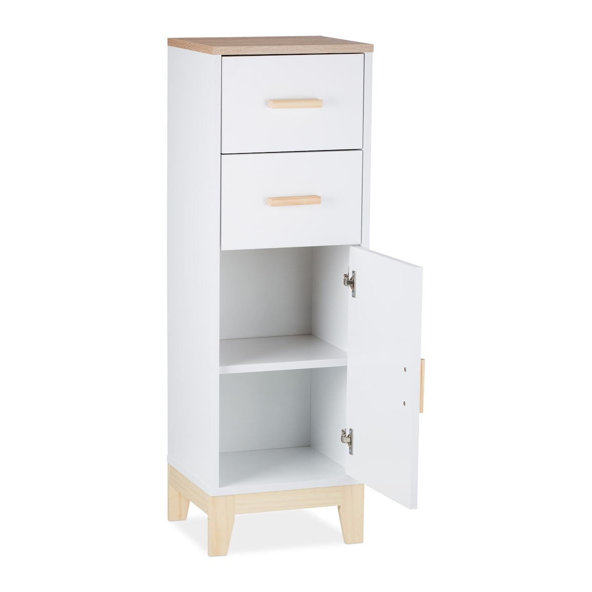Relaxdays Badezimmerschrank, 2 Schubladen, Türfach, HxBxT: 97,5 x 32 x 28 cm, Bad & Flur, schmaler Midischrank, weiß