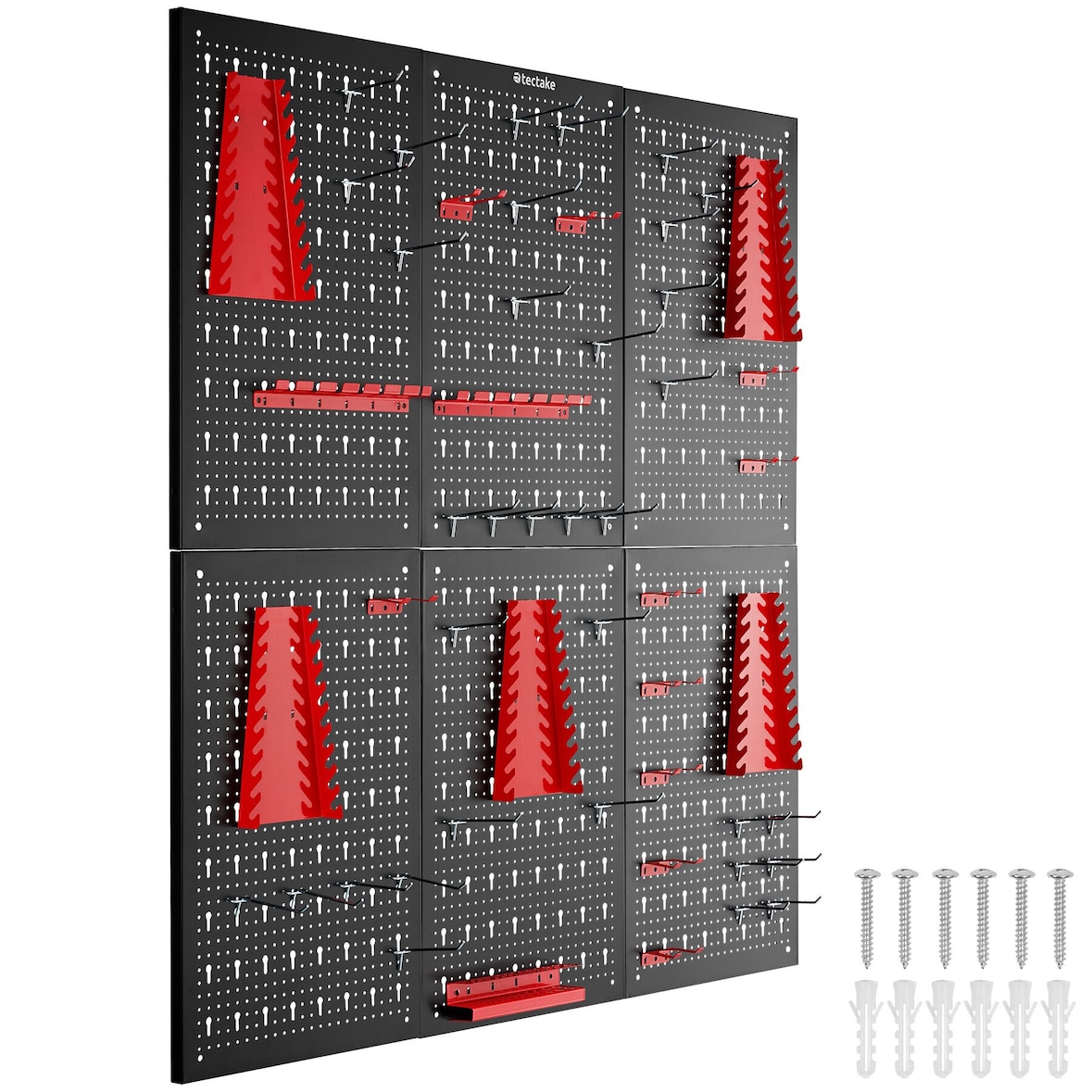 tectake Panel perforado para herramientas JONAH con ganchos y soportes - Juego de 6 negro/rojo