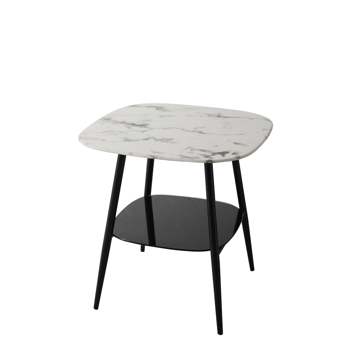 Möbilia Mesa de centro quadrada | 1 prateleira | Mármore de placa de vidro parece branco | Estrutura metálica preta | L55xP55xA55 cm