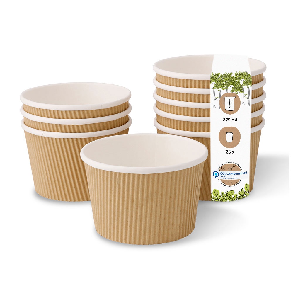 BIOZOYG 25 Stück Suppenbecher 375ml braune Einwegbecher Riffelbecher aus Kraftkarton, Bio-Becher mit Riffelwand, für Eintöpfe und heiße Speisen