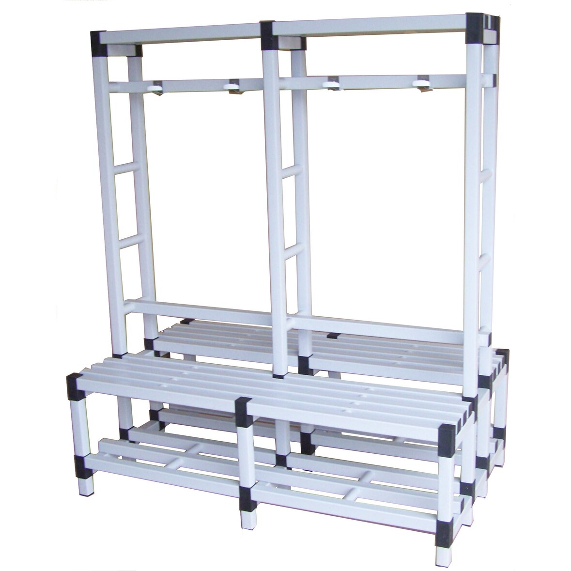 Banco doble con estante y percheros 2000 x 920 x 1750mm. BLANCO
